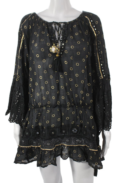 Ramy Brook Women Tunic Blouse Black Polka Dot 3/4 Sleeve Cotton Blend Size S