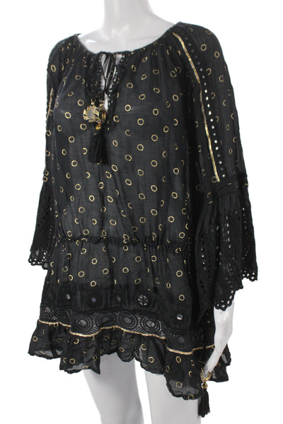 Ramy Brook Women Tunic Blouse Black Polka Dot 3/4 Sleeve Cotton Blend Size S