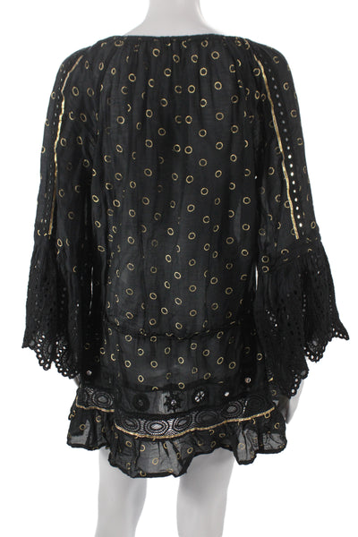 Ramy Brook Women Tunic Blouse Black Polka Dot 3/4 Sleeve Cotton Blend Size S