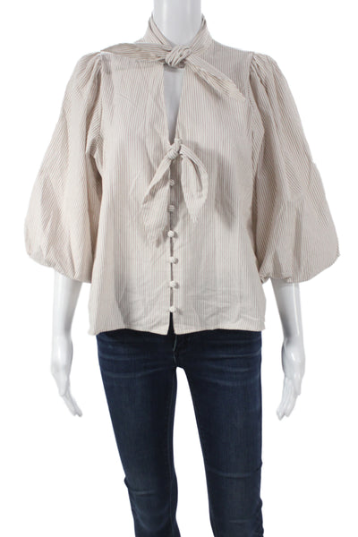 Zara Women Striped Collared Bow Button Cotton Blouse 3/4 Sleeve Size XS