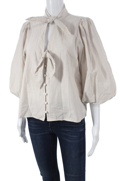 Zara Women Striped Collared Bow Button Cotton Blouse 3/4 Sleeve Size XS