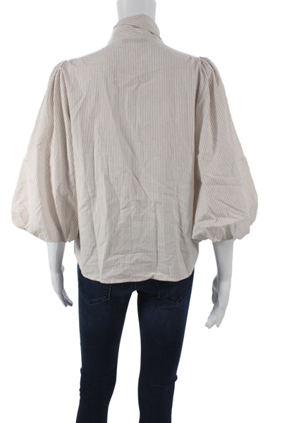 Zara Women Striped Collared Bow Button Cotton Blouse 3/4 Sleeve Size XS