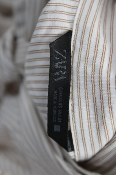 Zara Women Striped Collared Bow Button Cotton Blouse 3/4 Sleeve Size XS