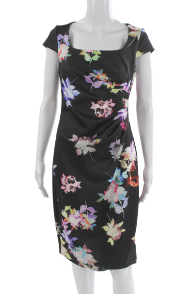 Adrianna Papell Womens Sheath Black Square Neck Short Sleeve Dress Size 4