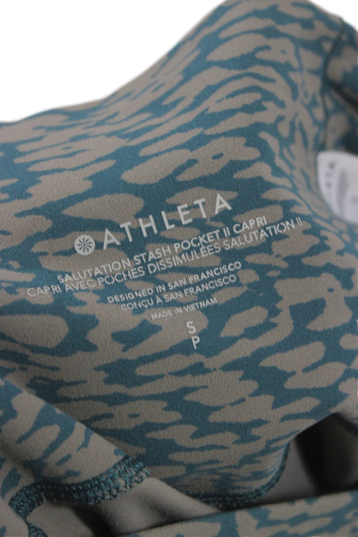 Athleta Women Green Spotted Nylon Capri Leggings Sports Spring Size S