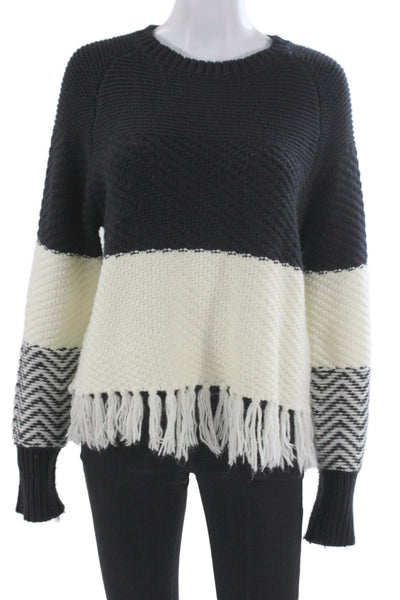 John & Jenn Women Pullover Black Striped Crew Neck Long Sleeve Petite Size S