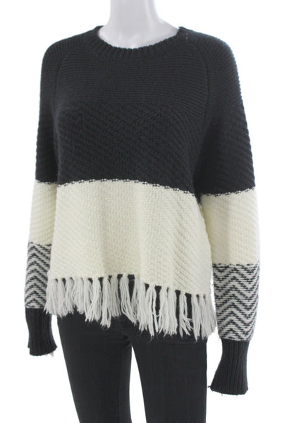 John & Jenn Women Pullover Black Striped Crew Neck Long Sleeve Petite Size S