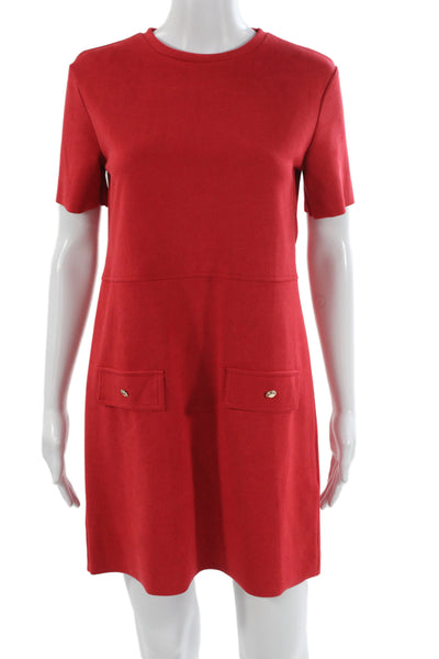 Zara Womens Red Shift Dress Short Sleeve Crew Neck Polyester Size S