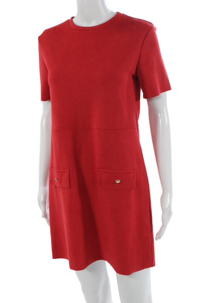 Zara Womens Red Shift Dress Short Sleeve Crew Neck Polyester Size S