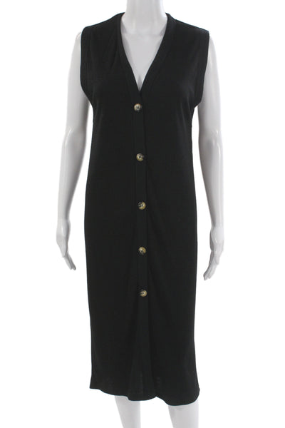 Zara Women Sheath Dress Black Ribbed Knit V-Neck Sleeveless Button Midi Size S