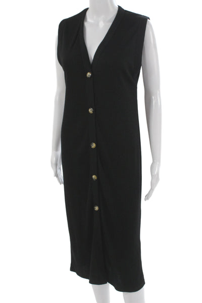 Zara Women Sheath Dress Black Ribbed Knit V-Neck Sleeveless Button Midi Size S