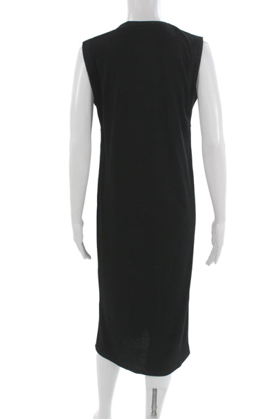 Zara Women Sheath Dress Black Ribbed Knit V-Neck Sleeveless Button Midi Size S