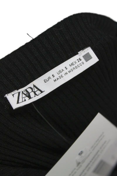 Zara Women Sheath Dress Black Ribbed Knit V-Neck Sleeveless Button Midi Size S