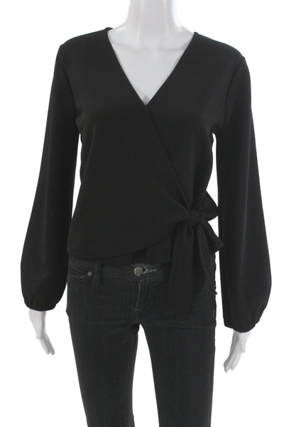 Madewell Women Black V-Neck Long Sleeve Tie Blouse Polyester Blend Size S