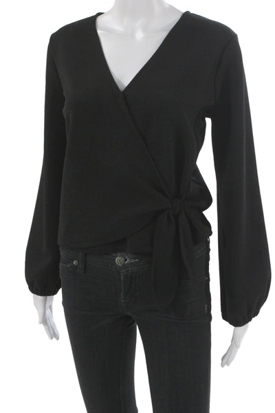 Madewell Women Black V-Neck Long Sleeve Tie Blouse Polyester Blend Size S