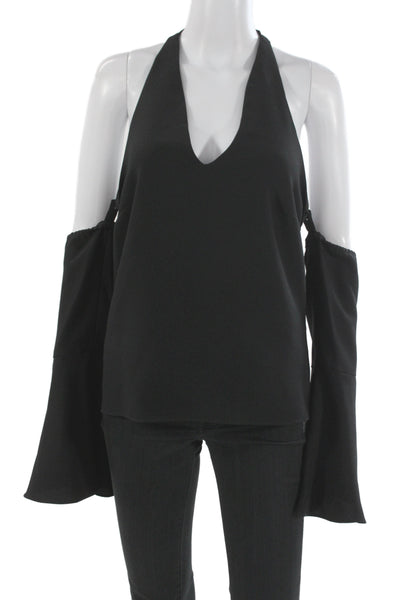 Scripted Women Tunic Blouse Halter Tie Long Sleeve Black Petite Size S