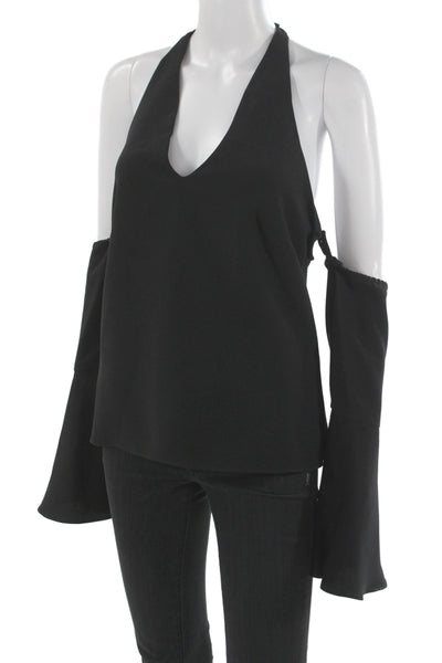 Scripted Women Tunic Blouse Halter Tie Long Sleeve Black Petite Size S