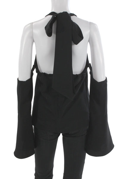 Scripted Women Tunic Blouse Halter Tie Long Sleeve Black Petite Size S