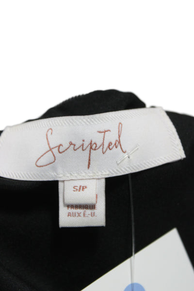Scripted Women Tunic Blouse Halter Tie Long Sleeve Black Petite Size S