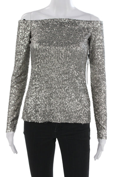 Bailey 44 Women Basic Off Shoulder Long Sleeve Silver Nylon Zip Blouse Size XS