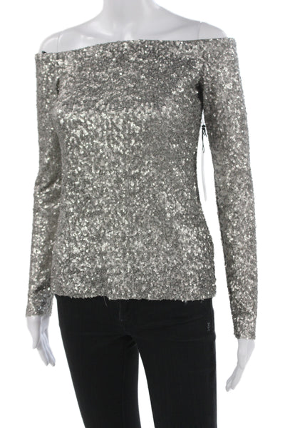 Bailey 44 Women Basic Off Shoulder Long Sleeve Silver Nylon Zip Blouse Size XS