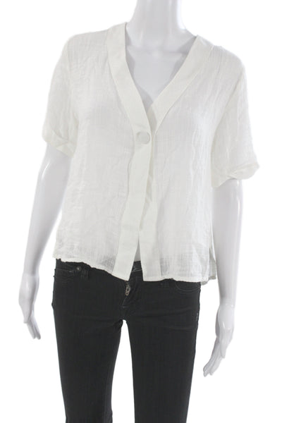 PQ Women Basic White V-Neck Short Sleeve Blouse Button Cotton Size S