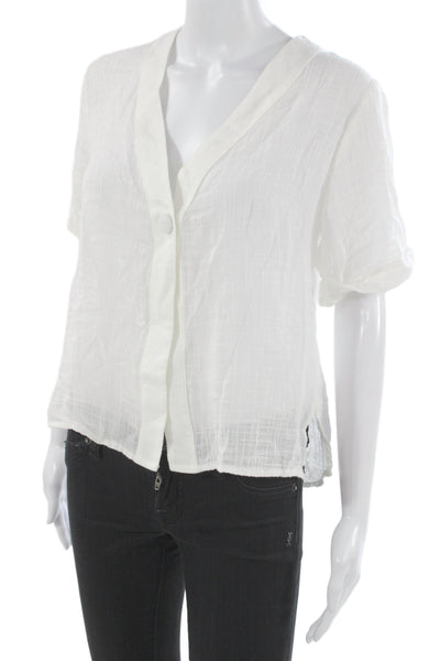 PQ Women Basic White V-Neck Short Sleeve Blouse Button Cotton Size S