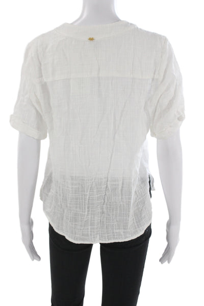 PQ Women Basic White V-Neck Short Sleeve Blouse Button Cotton Size S