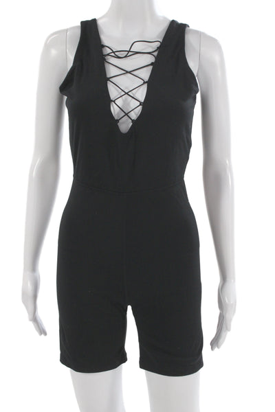 We Wore What Womens Romper Black V Neck Sleeveless Nylon Athleisure Size M
