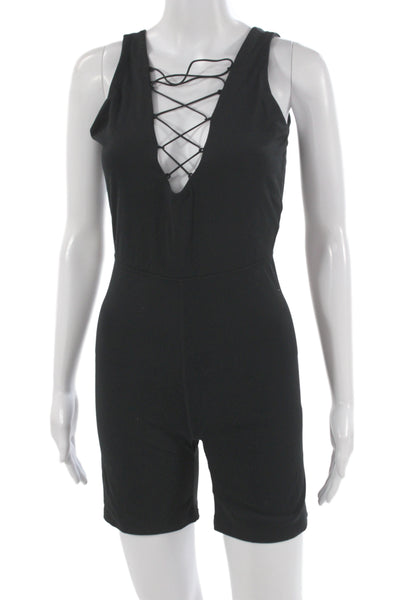 We Wore What Womens Romper Black V Neck Sleeveless Nylon Athleisure Size M