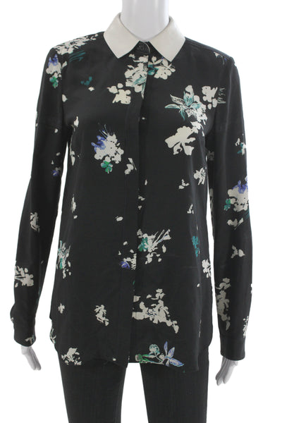 Proenza Schouler Women Black Floral Collared Button-Up Silk Long Sleeve Size 2