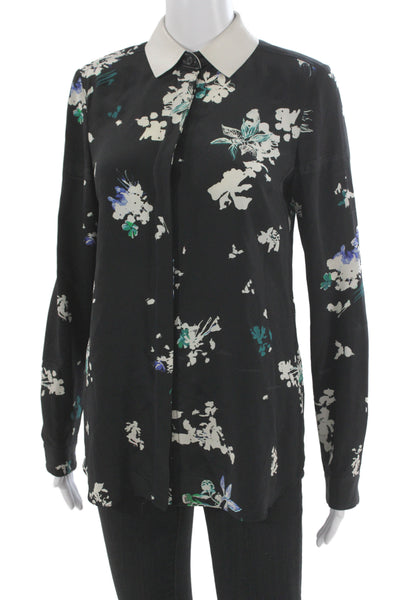 Proenza Schouler Women Black Floral Collared Button-Up Silk Long Sleeve Size 2