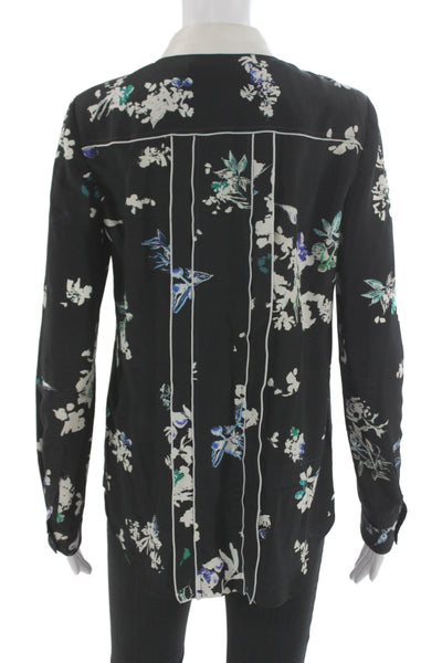 Proenza Schouler Women Black Floral Collared Button-Up Silk Long Sleeve Size 2
