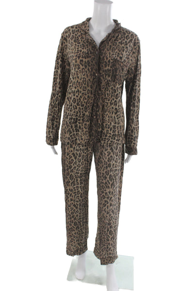 Stripe & Stare Womens Long Sleeve Leopard Printed Pajama Shirt Pants Set Brown L