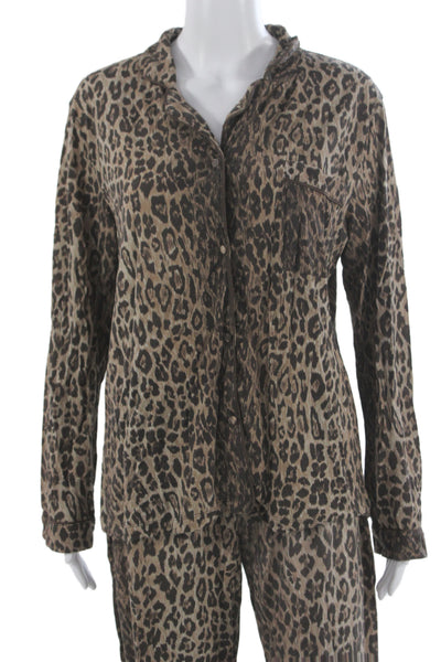 Stripe & Stare Womens Long Sleeve Leopard Printed Pajama Shirt Pants Set Brown L