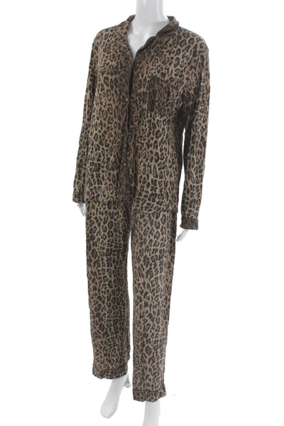 Stripe & Stare Womens Long Sleeve Leopard Printed Pajama Shirt Pants Set Brown L