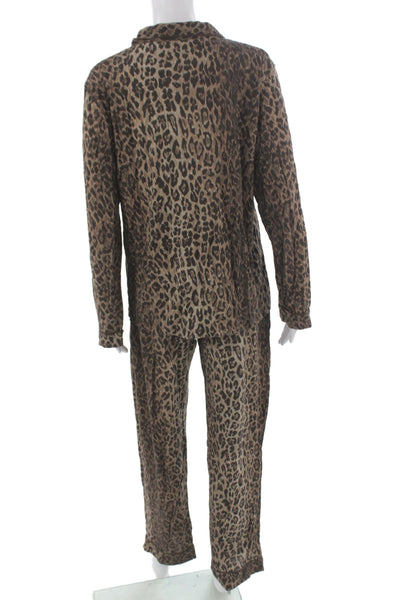 Stripe & Stare Womens Long Sleeve Leopard Printed Pajama Shirt Pants Set Brown L