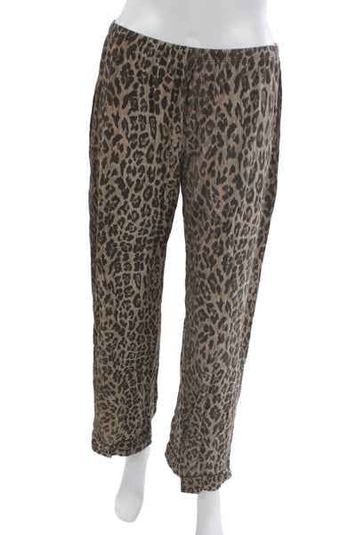 Stripe & Stare Womens Long Sleeve Leopard Printed Pajama Shirt Pants Set Brown L