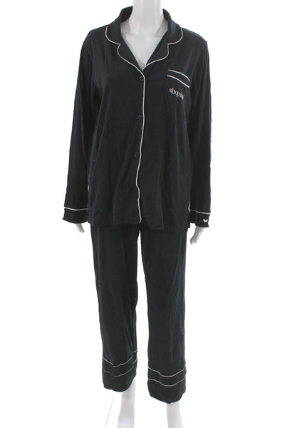 Petite Plume Womens Button Front Collared Pajama Shirt Pants Set Black Large