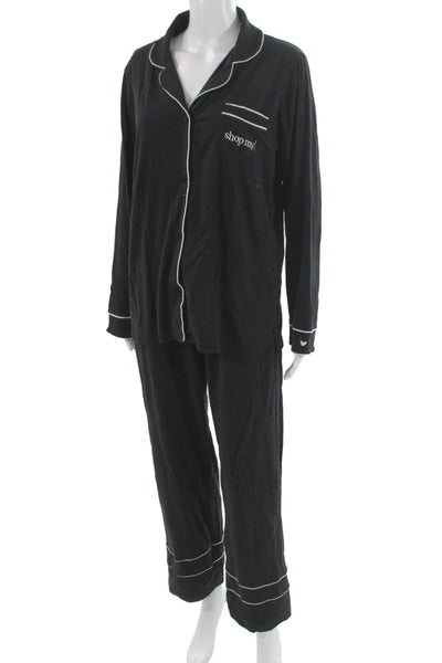 Petite Plume Womens Button Front Collared Pajama Shirt Pants Set Black Large