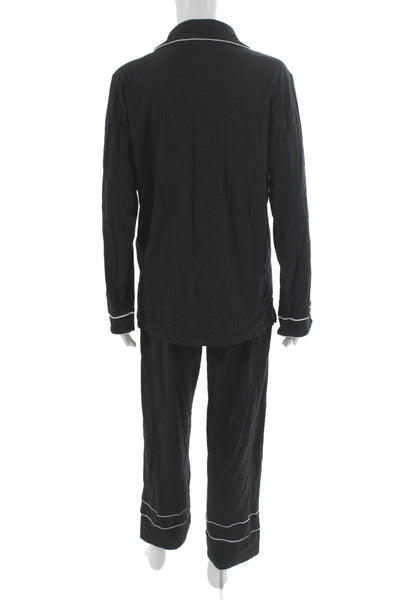 Petite Plume Womens Button Front Collared Pajama Shirt Pants Set Black Large