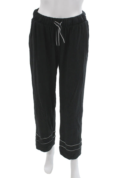 Petite Plume Womens Button Front Collared Pajama Shirt Pants Set Black Large