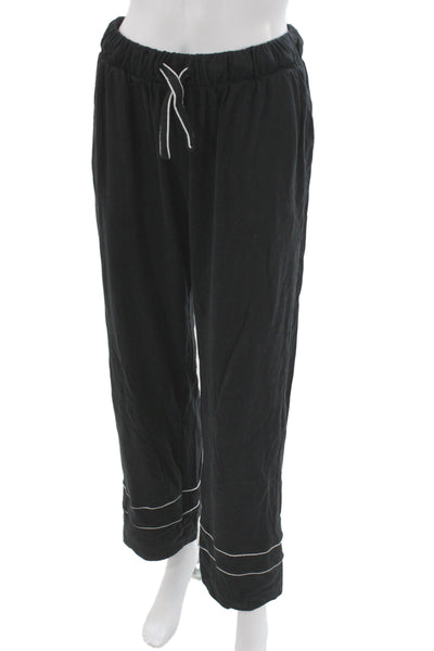 Petite Plume Womens Button Front Collared Pajama Shirt Pants Set Black Large