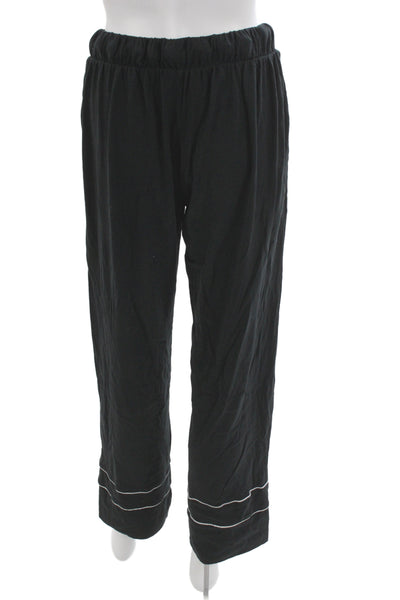 Petite Plume Womens Button Front Collared Pajama Shirt Pants Set Black Large