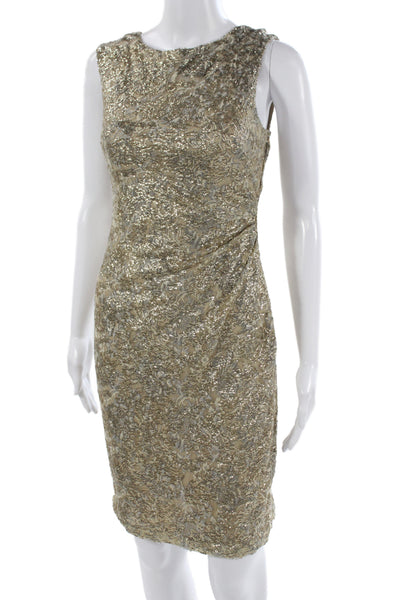 David Meister Women Gold Floral Sheath Dress Sleeveless Short Zip Size 2