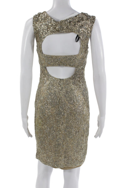David Meister Women Gold Floral Sheath Dress Sleeveless Short Zip Size 2