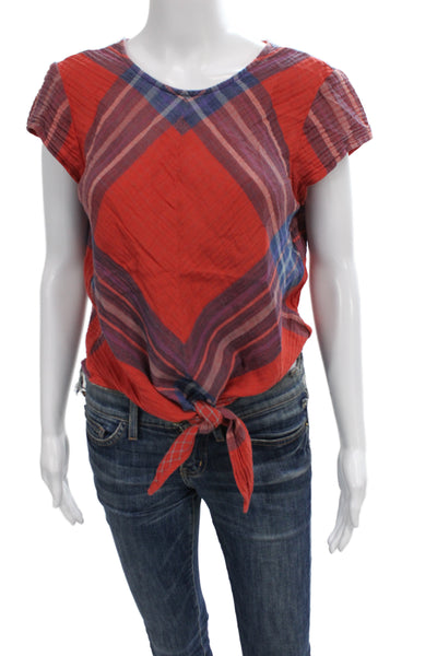 Cloth & Stone Women Plaid V-Neck Short Sleeve Cotton Basic Blouse Size S