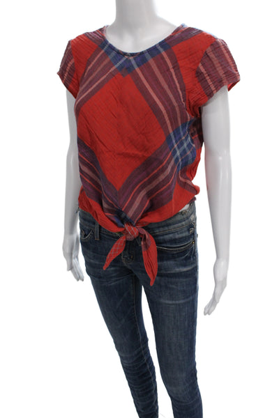 Cloth & Stone Women Plaid V-Neck Short Sleeve Cotton Basic Blouse Size S