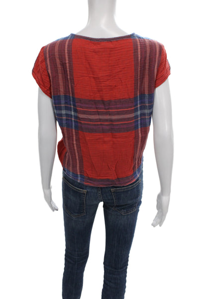 Cloth & Stone Women Plaid V-Neck Short Sleeve Cotton Basic Blouse Size S