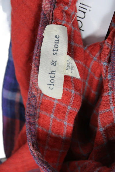 Cloth & Stone Women Plaid V-Neck Short Sleeve Cotton Basic Blouse Size S